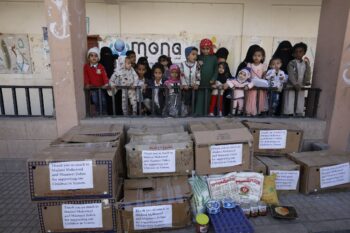 Malnourished children receive food supplies in Sana’a from Mona Relief for the third round