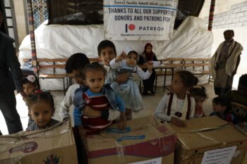 Malnourished children receive food supplies in Sana’a from Mona Relief